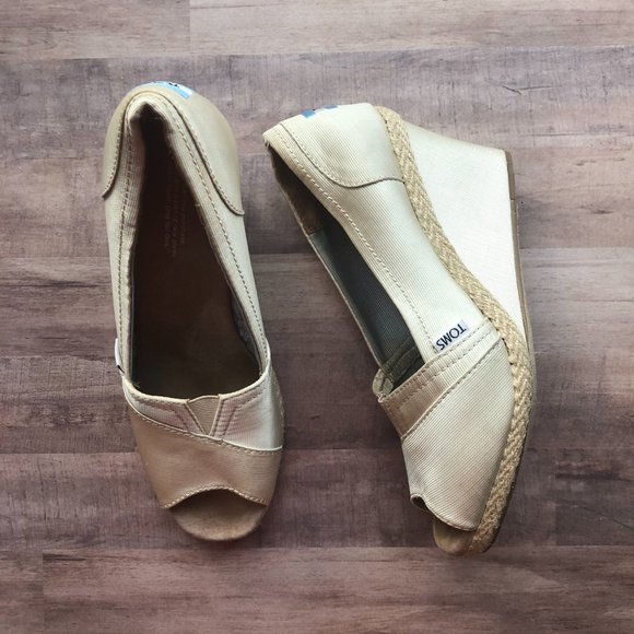 Toms Shoes - TOMS Ivory Satin Wedge Slip On Espadrille Sandals